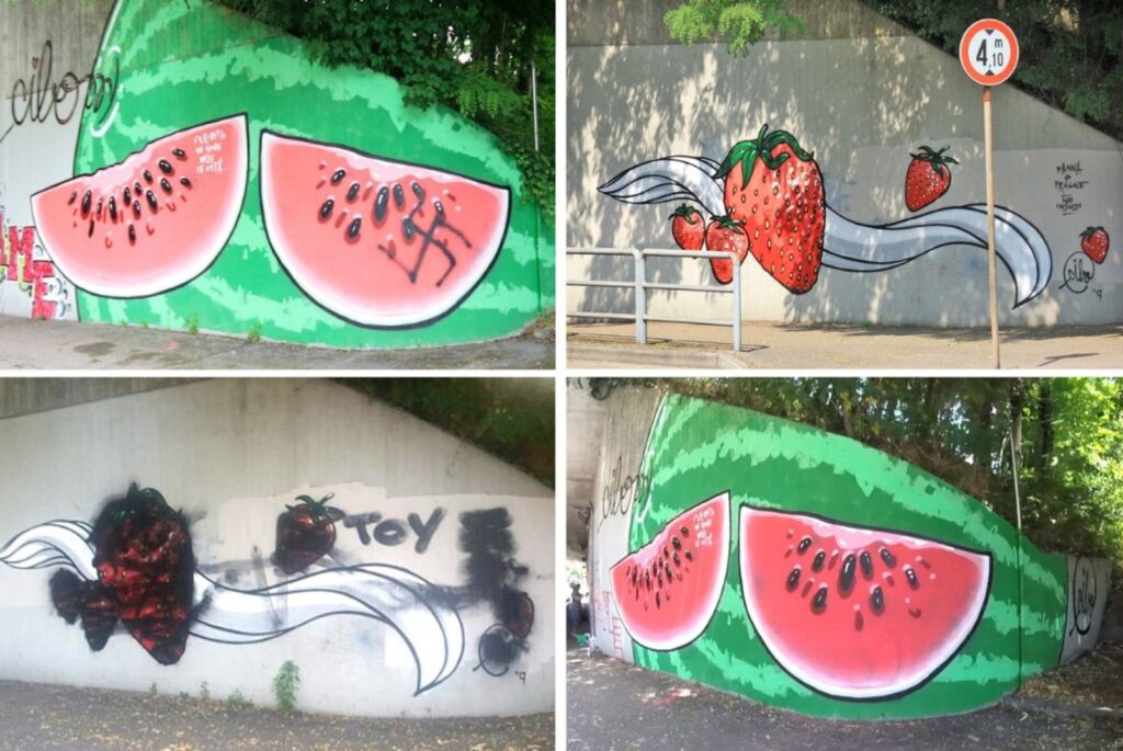 Înlătură termenul: Artă murală cu imagini sugestive cu mâncare care să acopere zidurile cu graffitti violente Artă murală cu imagini sugestive cu mâncare care să acopere zidurile cu graffitti violente